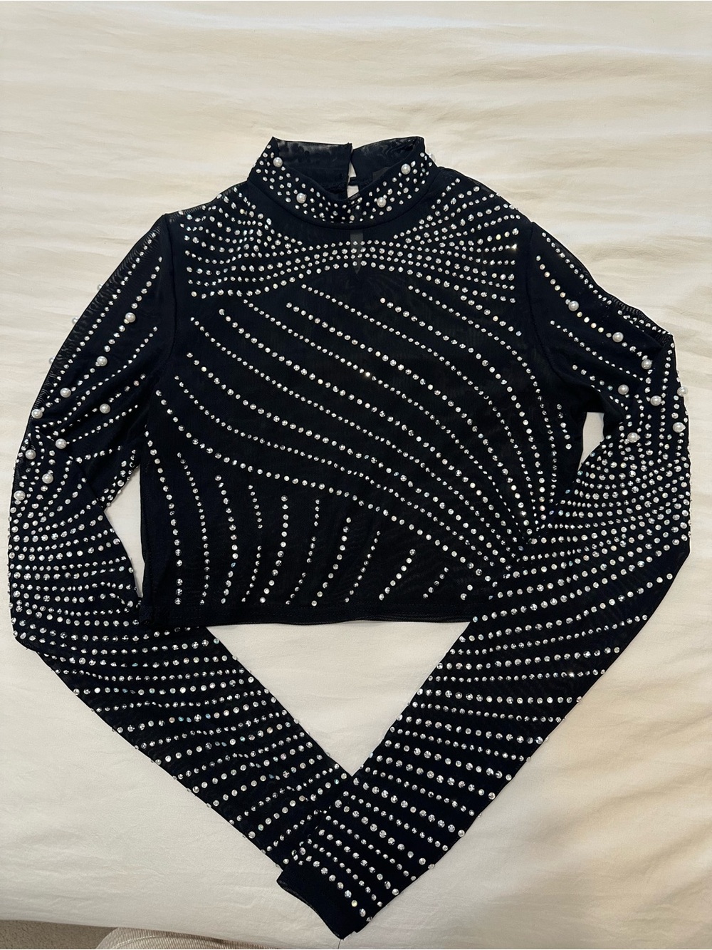 Black Embellished Long-Sleeve sheer Crop Top